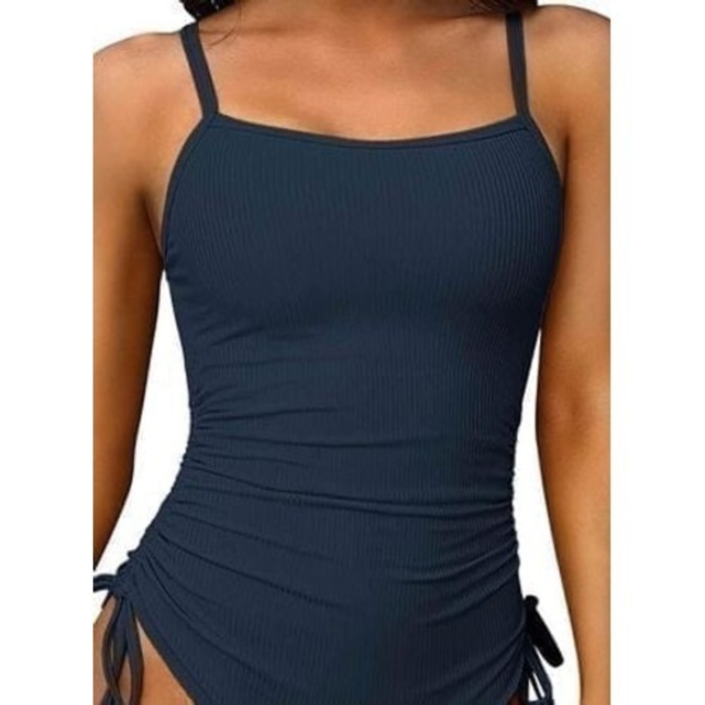 Charmo Navy Blue Ribbed Ruched One Piece Swimsuit UPF 50+ Small